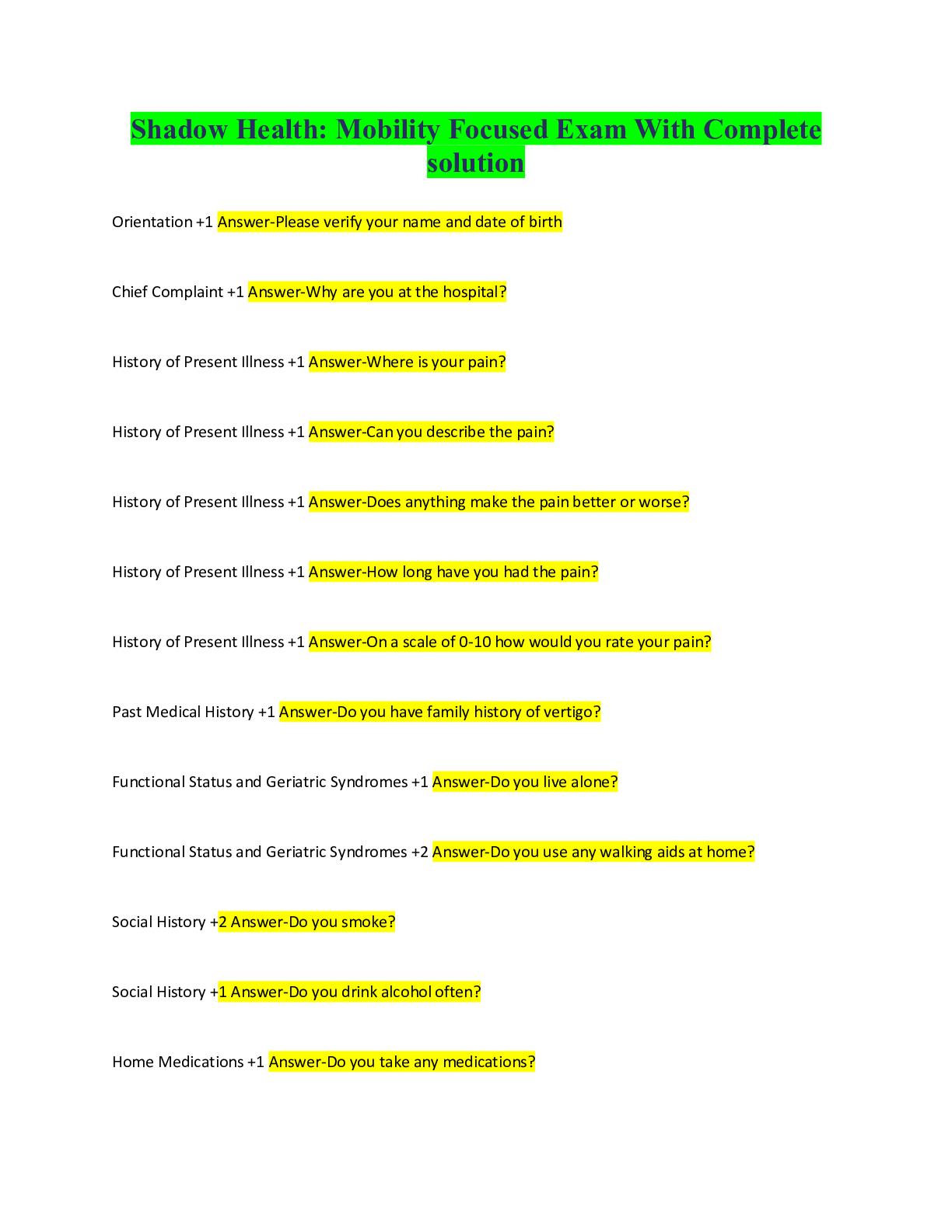 Shadow Health Mobility Focused Exam With Complete solution Browsegrades